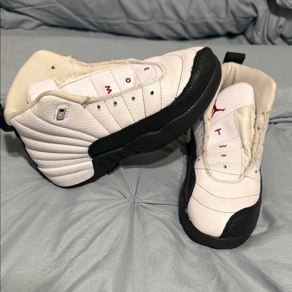 Kids White and Black Jordan 12 OG Sneakers no laces size 10c - Picture 1 of 11